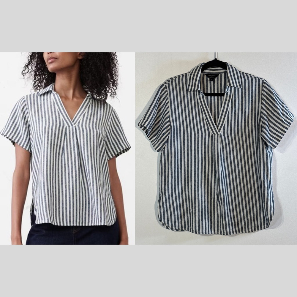 Banana Republic Blue White Stripe Linen Blend Collared Shirt Women Small V-Neck